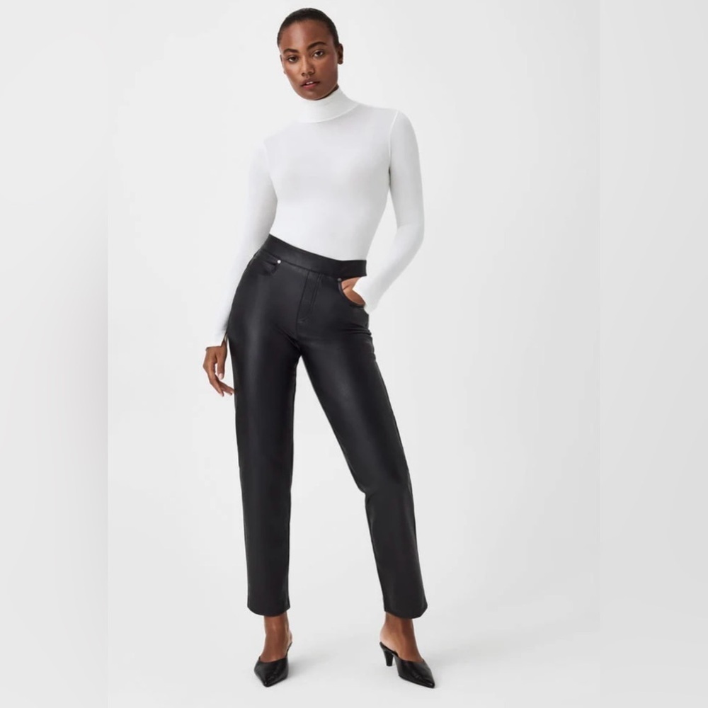 Spanx Faux Vegan Leather Slim Straight Pants in Luxe Black Sz Large NWT